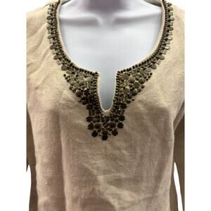 Michael Kors Womens Sz 10 Tunic 3/4 Sleeve Front Detaill beige 100%Linen beaded